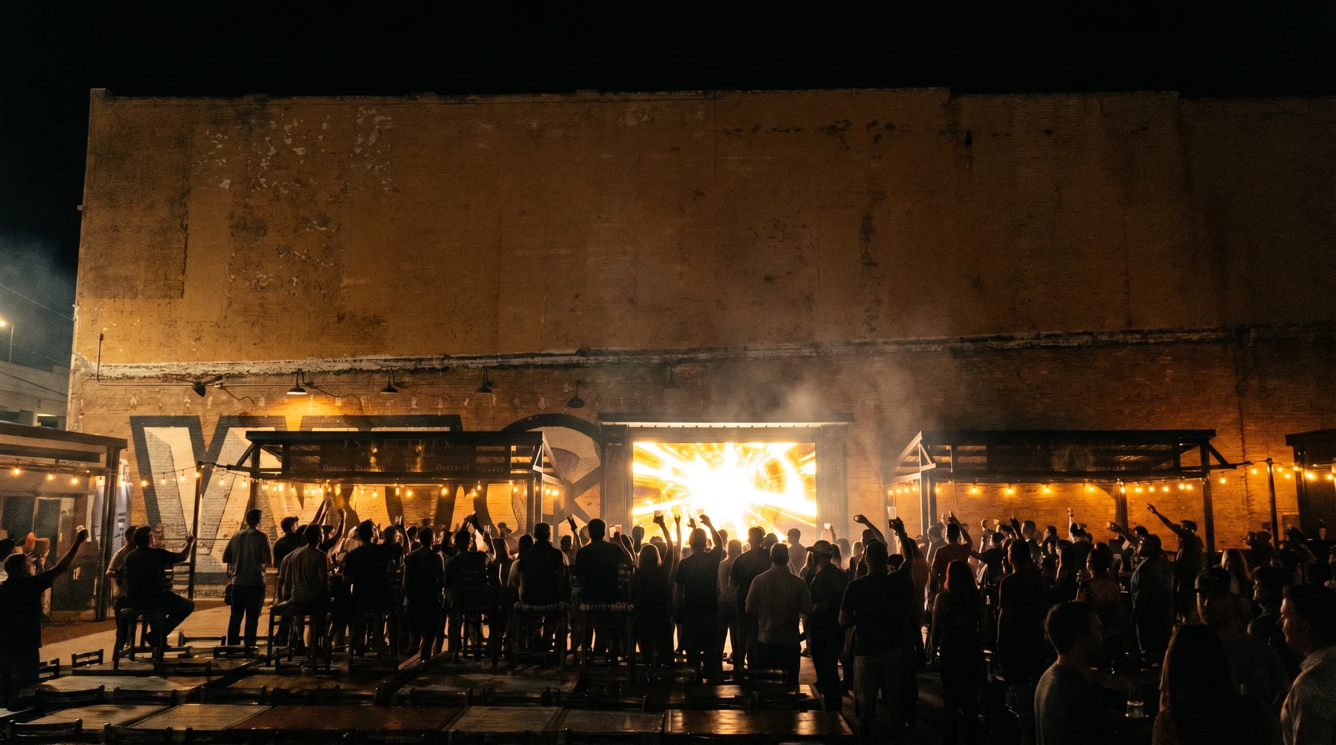 The crowd under the big screen at night